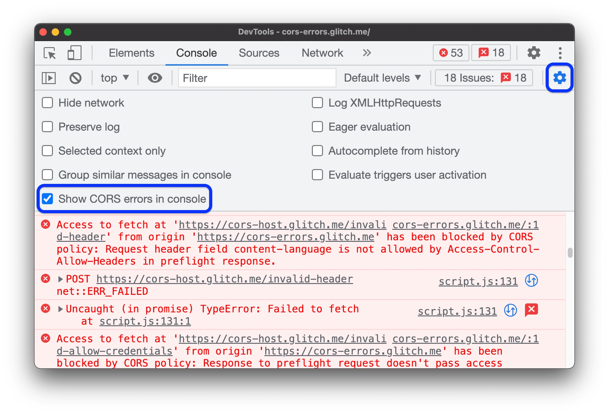 Show CROS Errors the Console